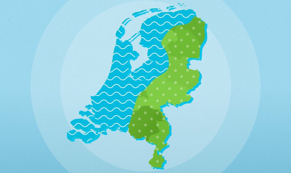 Map van Nederland. Nederland is ingekleurd met twee patronen: een patroon dat water moet voorstellen en een patroon dat land moet voorstellen.